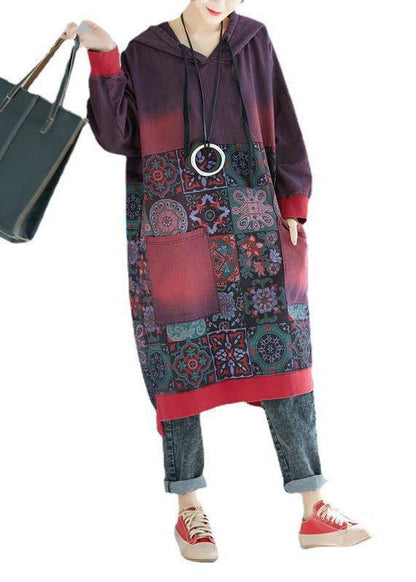 Women Mulberry Hooded Pockets Patchwork Print Fall Sweatshirts Dress - SooLinen