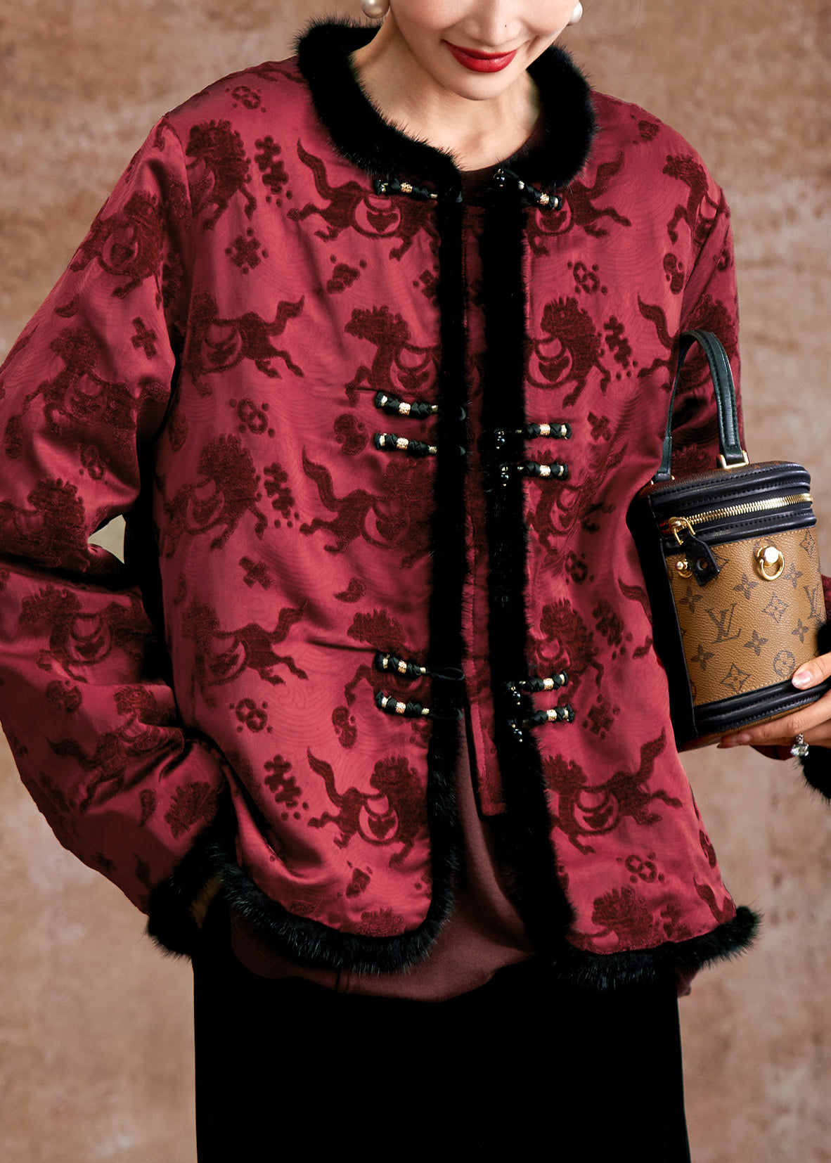 Women Mulberry Jacquard Patchwork Faux Mink Hair Duck Down Coats Winter