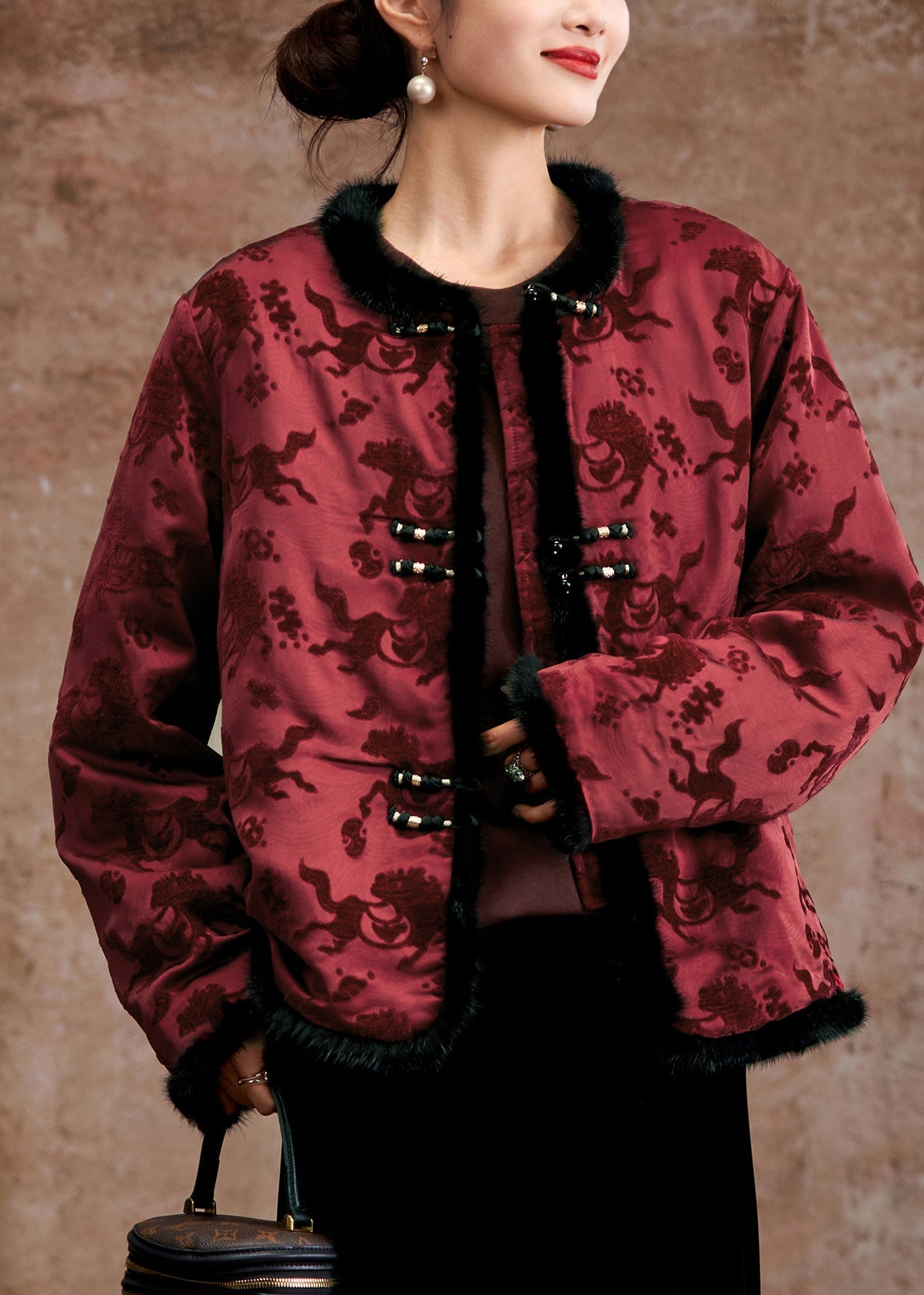 Women Mulberry Jacquard Patchwork Faux Mink Hair Duck Down Coats Winter