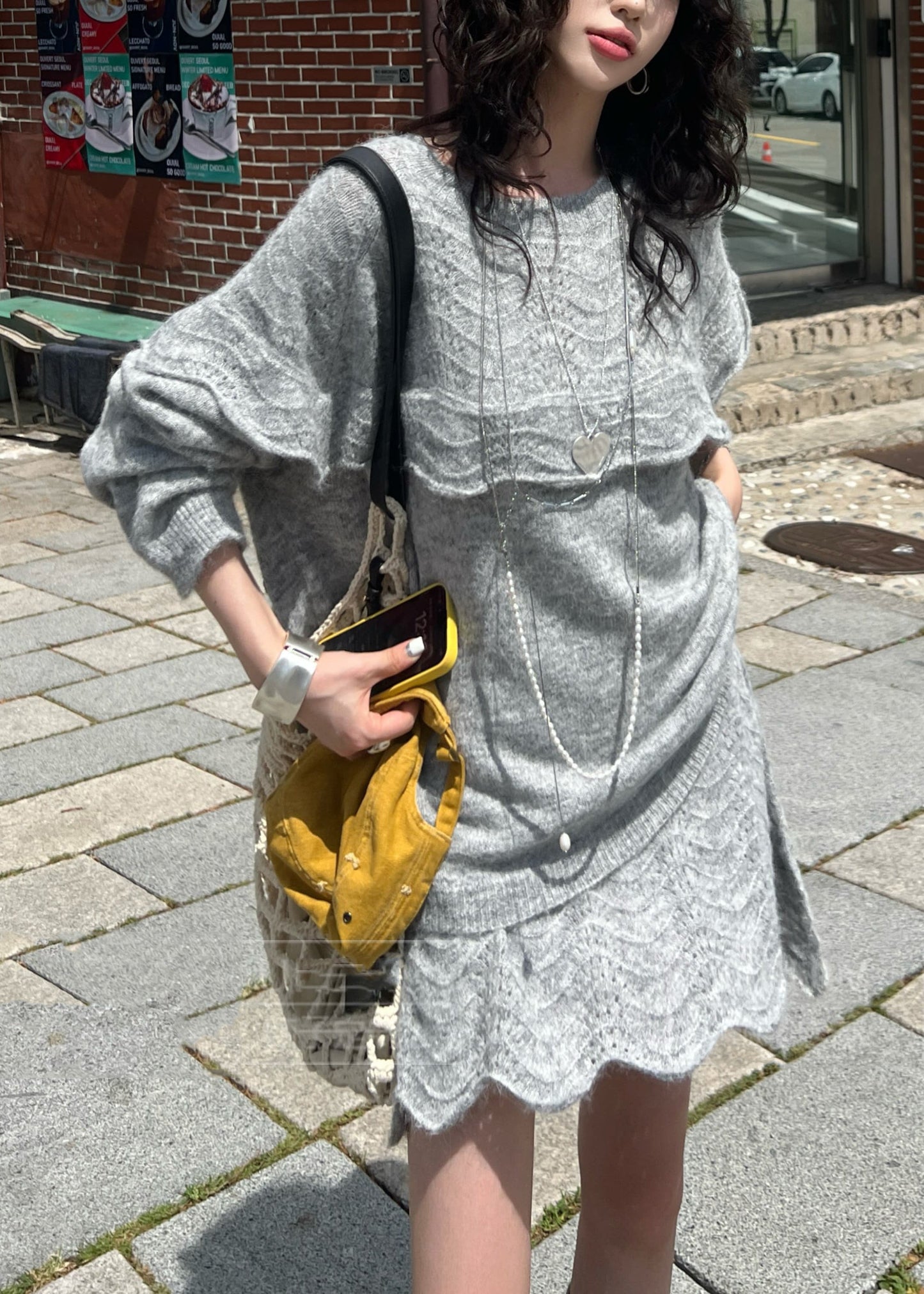 Suéter de punto calado con volantes de morera para mujer, invierno