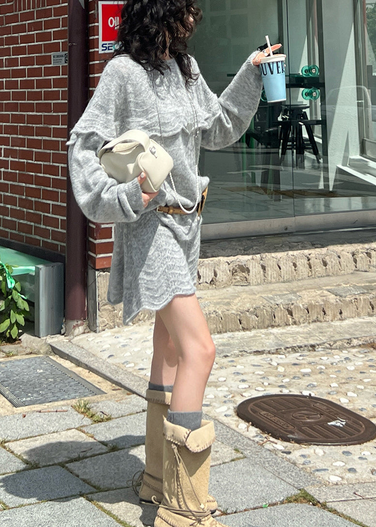 Suéter de punto calado con volantes de morera para mujer, invierno