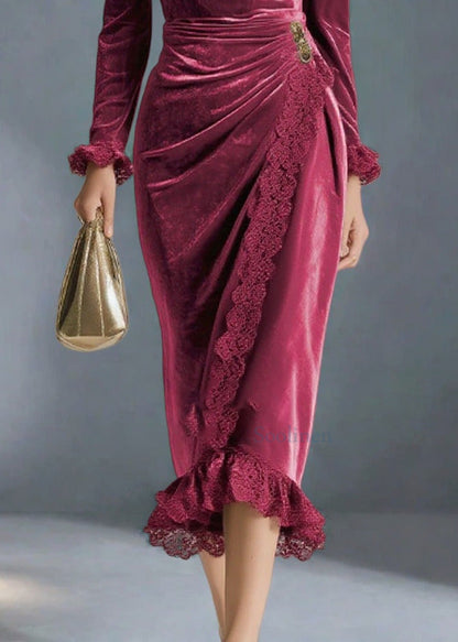 Women Mulberry V Neck Lace Patchwork Silk Velvet Party Dress Spring