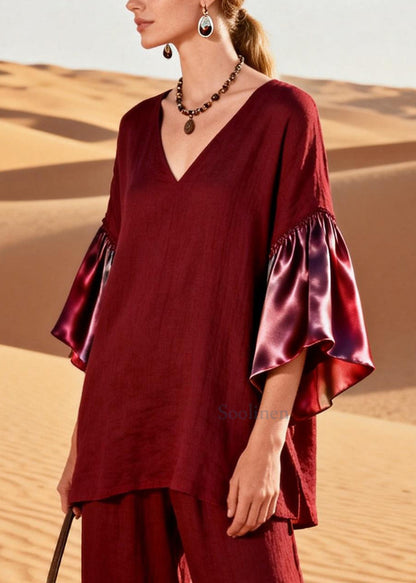 Women Mulberry V Neck Patchwork Linen Silk Two Pieces Set Flare Sleeve