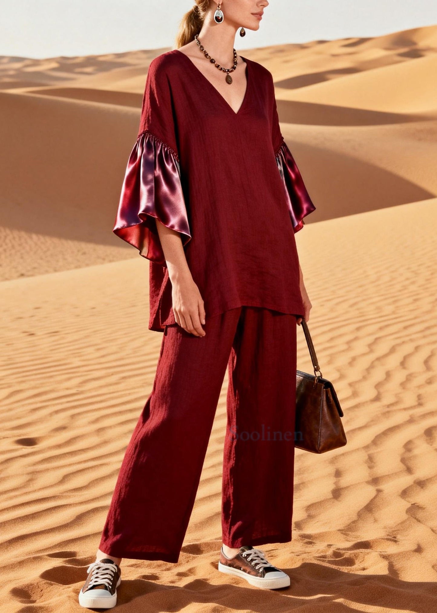 Women Mulberry V Neck Patchwork Linen Silk Two Pieces Set Flare Sleeve
