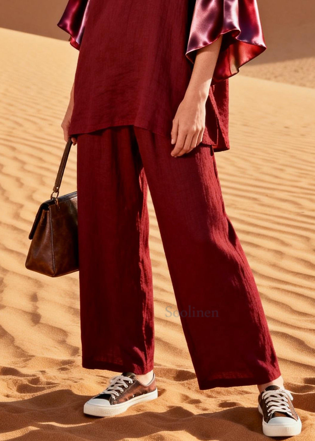 Women Mulberry V Neck Patchwork Linen Silk Two Pieces Set Flare Sleeve