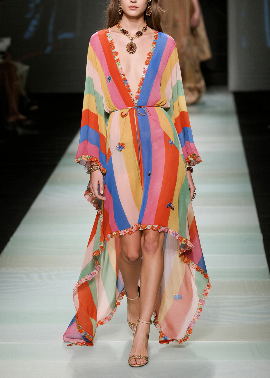 Women Multicolored Striped Asymmetrical Ruffled Chiffon Holiday Dress Summer