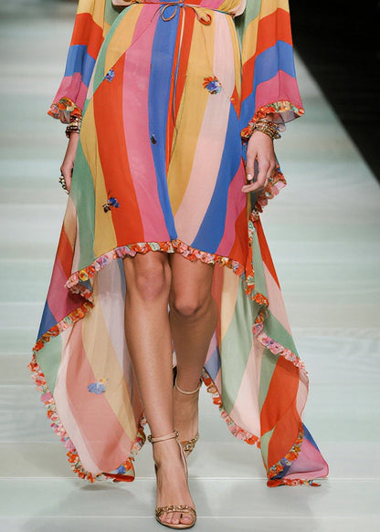 Women Multicolored Striped Asymmetrical Ruffled Chiffon Holiday Dress Summer