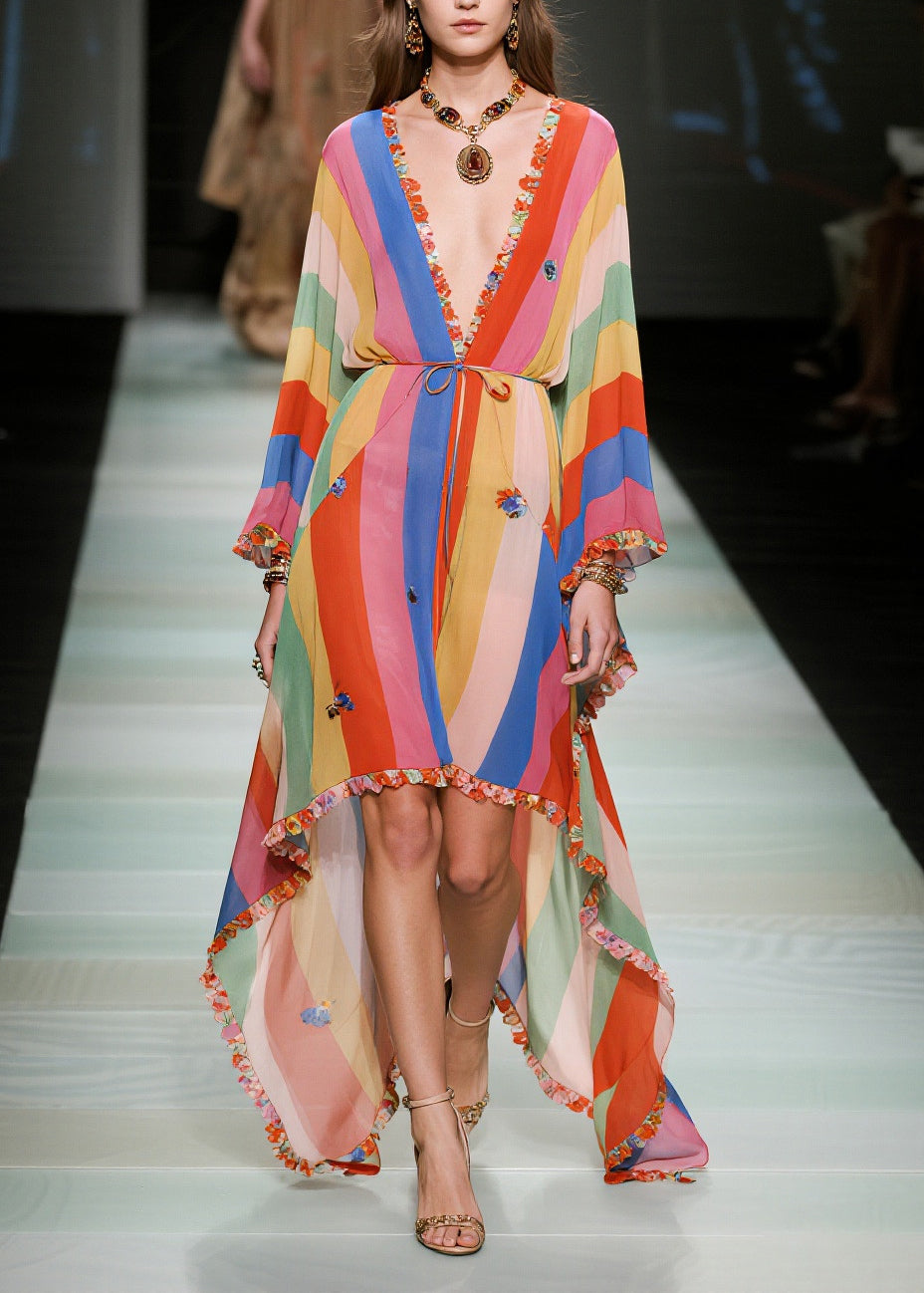 Women Multicolored Striped Asymmetrical Ruffled Chiffon Holiday Dress Summer