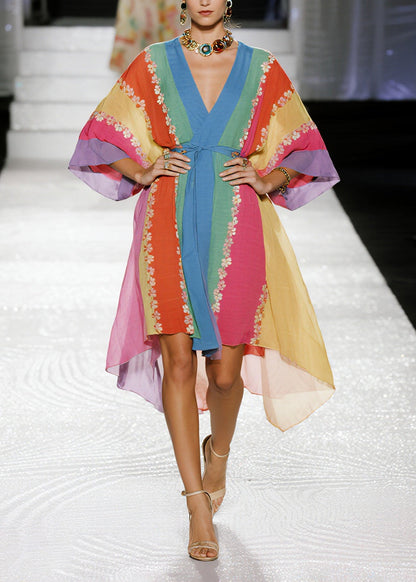 Women Multicolored Striped Flower Cotton Tunic Dress Summer