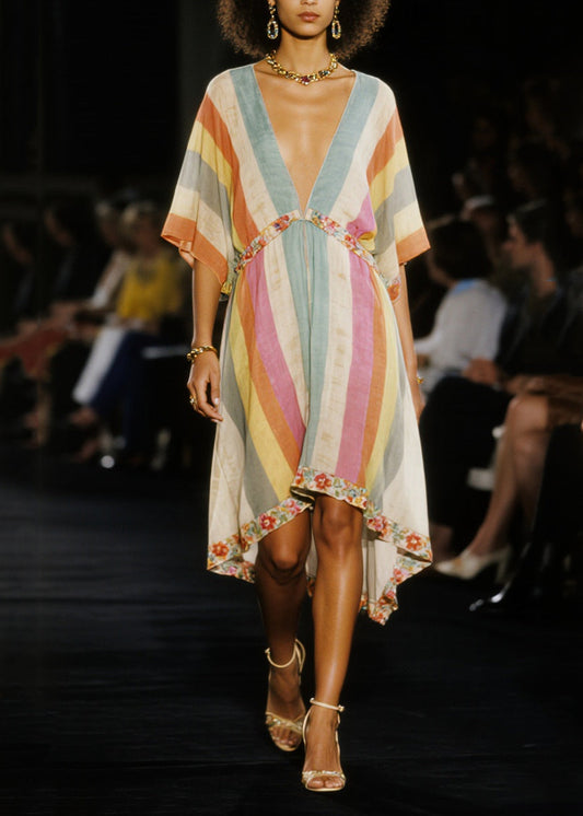 Women Multicolored V Neck Patchwork Cotton Mid Dress Summer