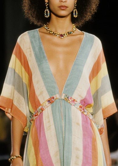 Women Multicolored V Neck Patchwork Cotton Mid Dress Summer