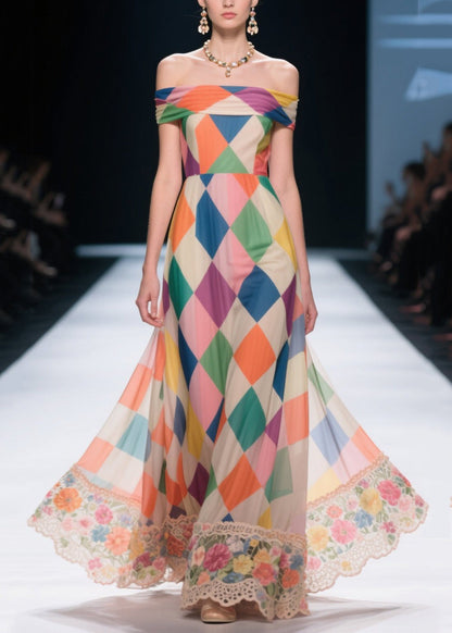 Women Multicolour Plaid Patchwork Lace Chiffon Strapless Dresses Summer