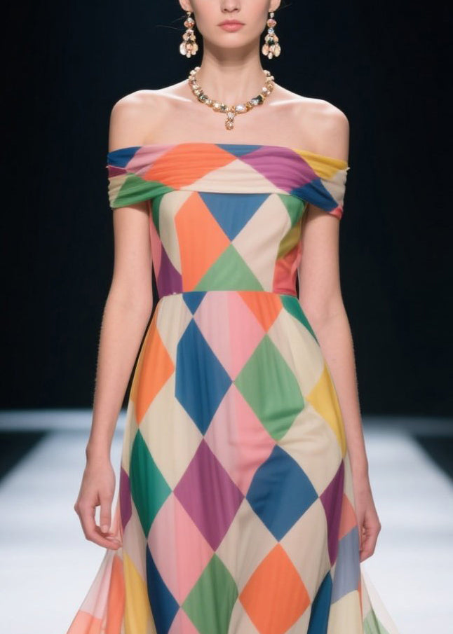 Women Multicolour Plaid Patchwork Lace Chiffon Strapless Dresses Summer