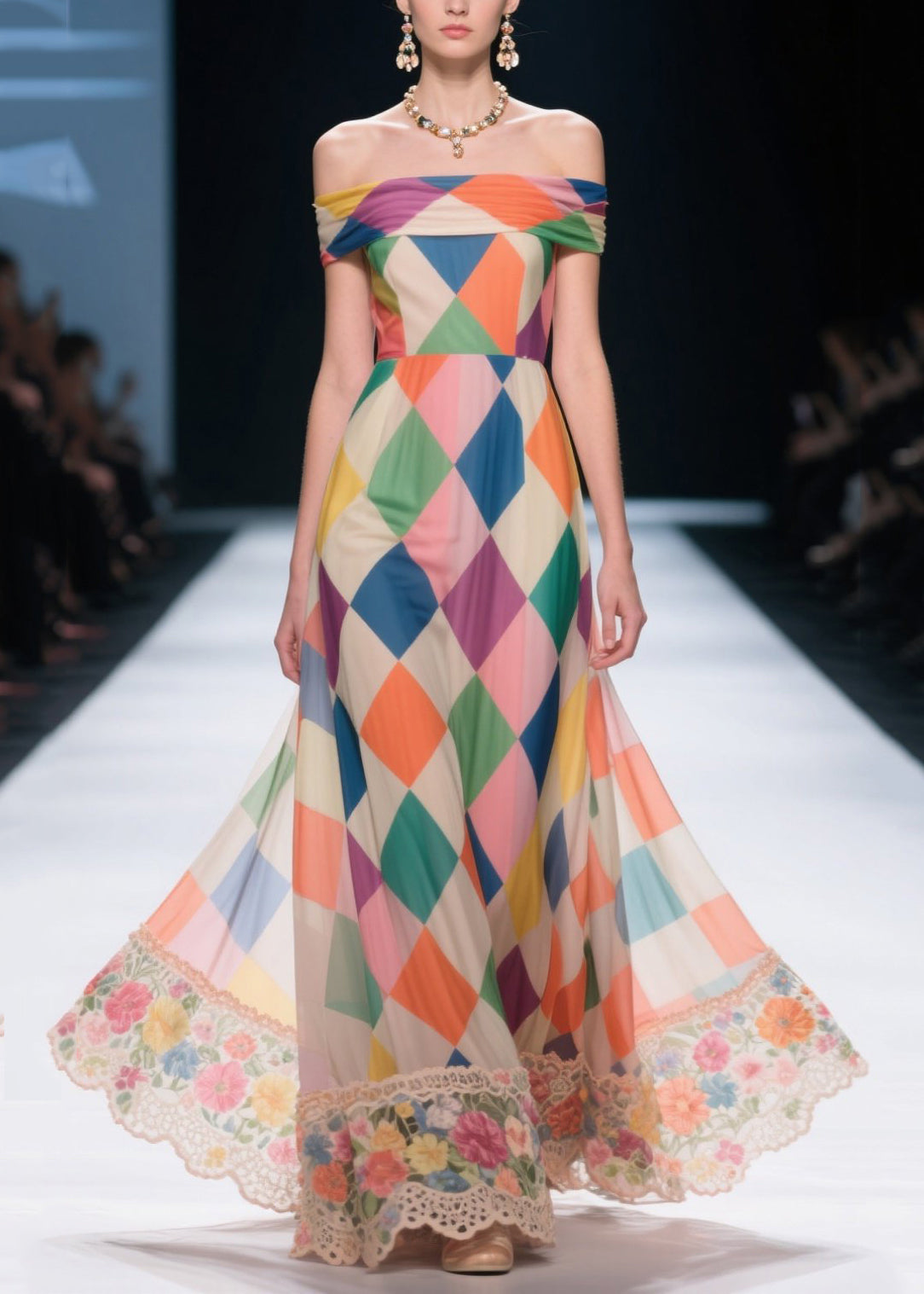 Women Multicolour Plaid Patchwork Lace Chiffon Strapless Dresses Summer