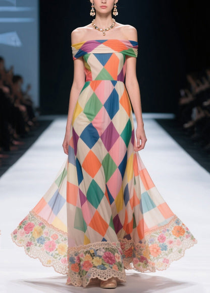 Women Multicolour Plaid Patchwork Lace Chiffon Strapless Dresses Summer