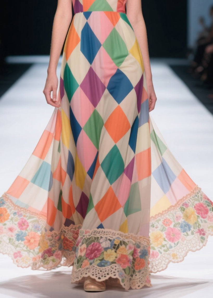 Women Multicolour Plaid Patchwork Lace Chiffon Strapless Dresses Summer