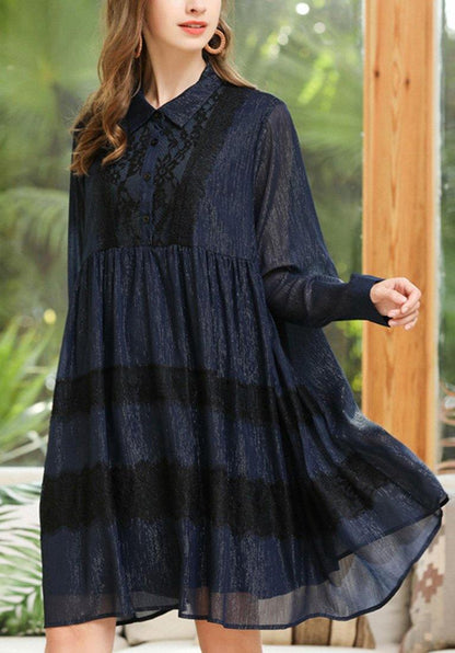 Women Navy Button Chiffon Patchwork Summer Dress - SooLinen