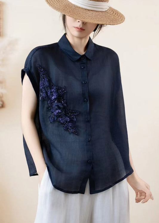 Women Navy Embroidered Linen Shirt Top Summer