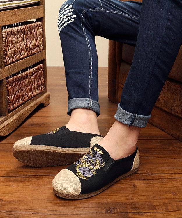 Women Navy Embroideried Splicing Flat Shoes Cotton Linen Fabric - SooLinen