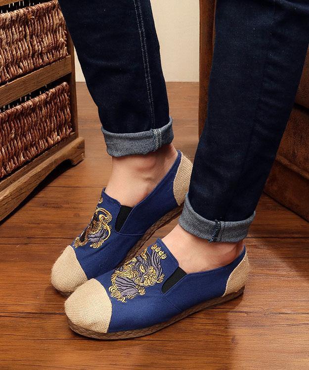 Women Navy Embroideried Splicing Flat Shoes Cotton Linen Fabric - SooLinen