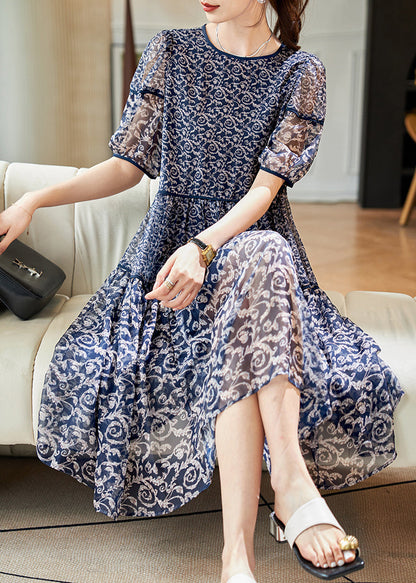 Women Navy O Neck Print Patchwork Chiffon Dresses Summer
