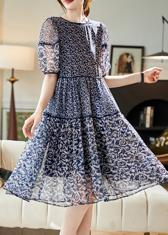 Women Navy O Neck Print Patchwork Chiffon Dresses Summer