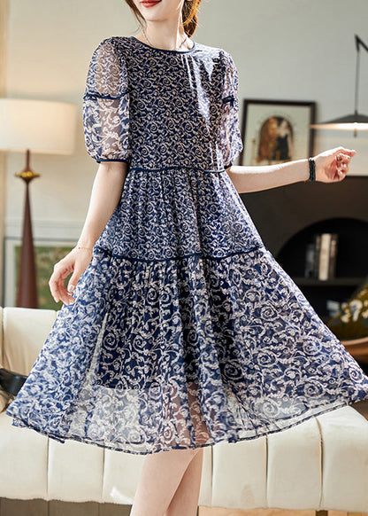 Women Navy O Neck Print Patchwork Chiffon Dresses Summer