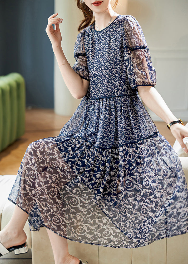 Women Navy O Neck Print Patchwork Chiffon Dresses Summer