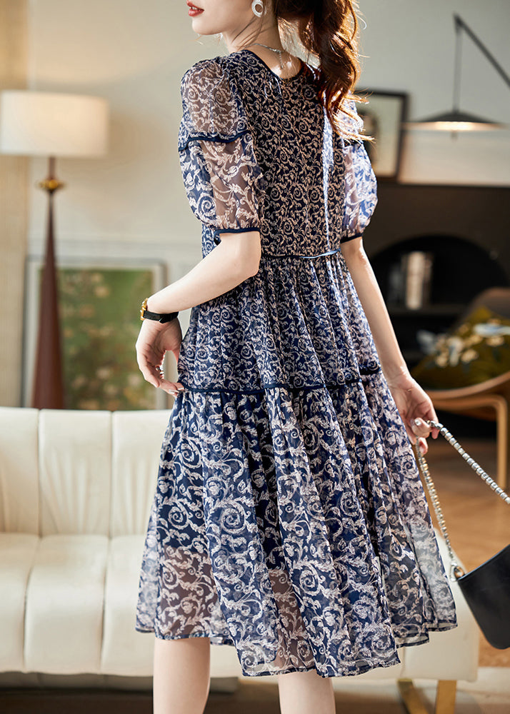 Women Navy O Neck Print Patchwork Chiffon Dresses Summer