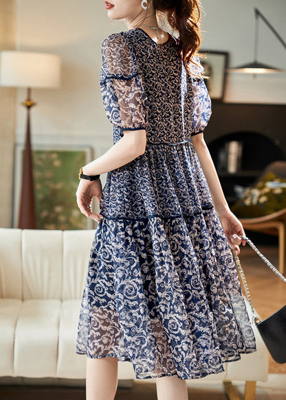 Women Navy O Neck Print Patchwork Chiffon Dresses Summer
