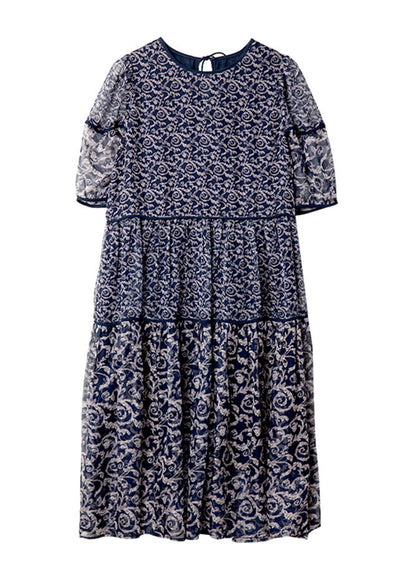 Women Navy O Neck Print Patchwork Chiffon Dresses Summer