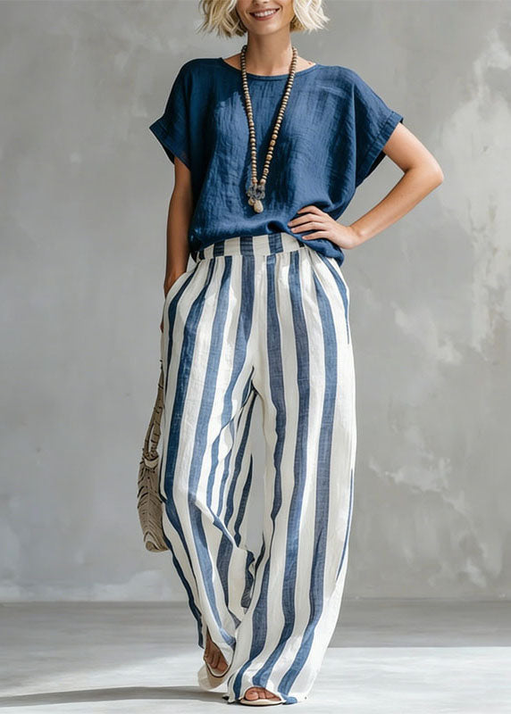 Women Navy O-Neck Top And Striped Straight Pants Two Pieces Set Short Sleeve