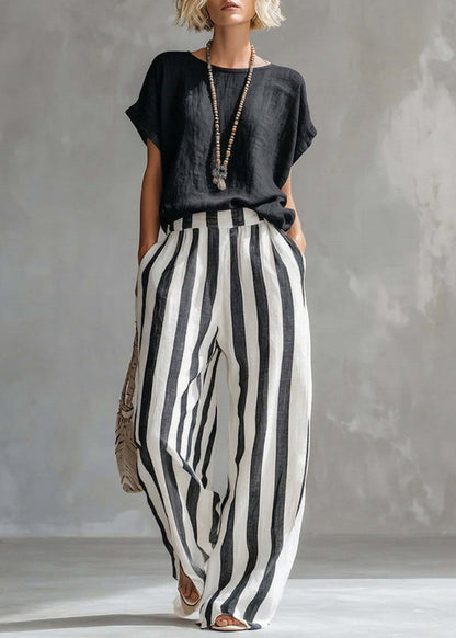 Women Navy O-Neck Top And Striped Straight Pants Two Pieces Set Short Sleeve