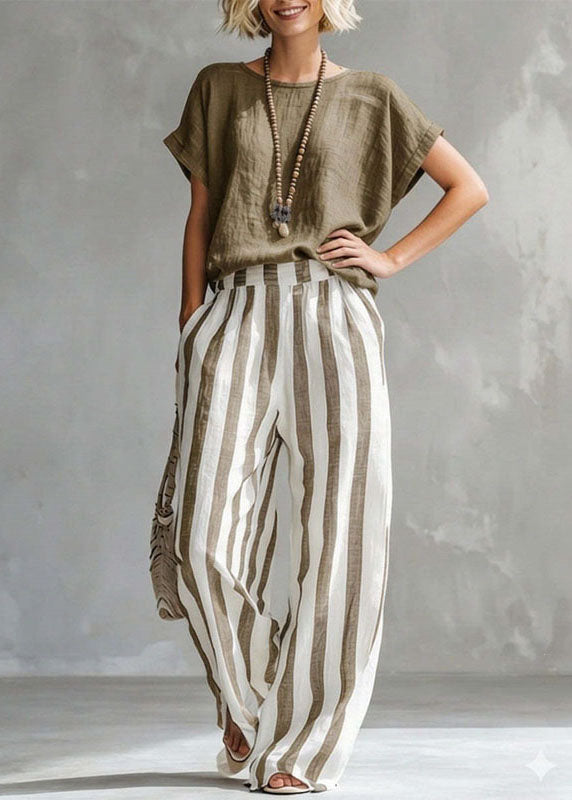 Women Navy O-Neck Top And Striped Straight Pants Two Pieces Set Short Sleeve