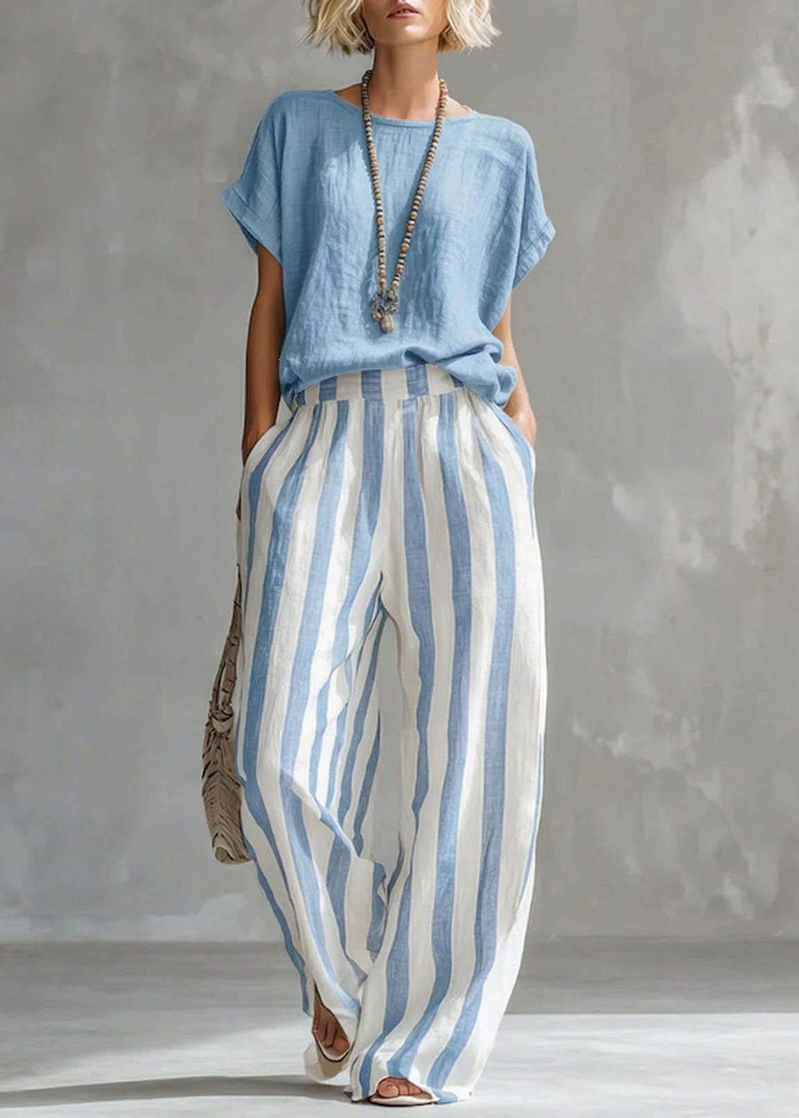 Women Navy O-Neck Top And Striped Straight Pants Two Pieces Set Short Sleeve