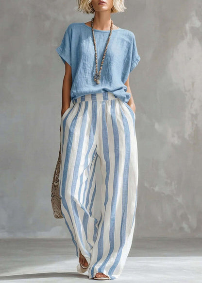 Women Navy O-Neck Top And Striped Straight Pants Two Pieces Set Short Sleeve