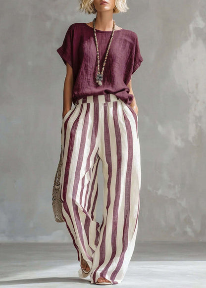 Women Navy O-Neck Top And Striped Straight Pants Two Pieces Set Short Sleeve