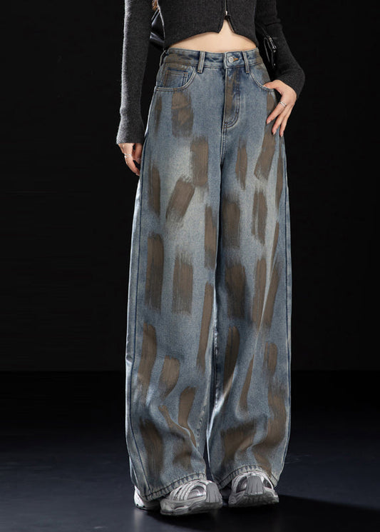 Women Navy Oversized Painting Warm Fleece Denim Pants Winter