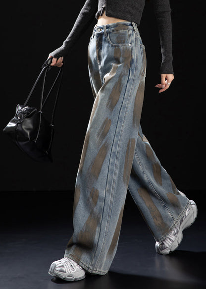 Women Navy Oversized Painting Warm Fleece Denim Pants Winter