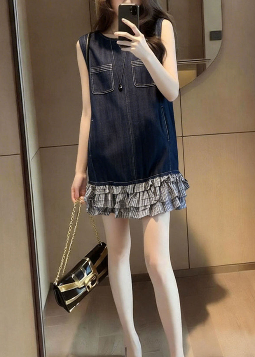 Women Navy Patchwork Denim Tea Dress Sleeveless