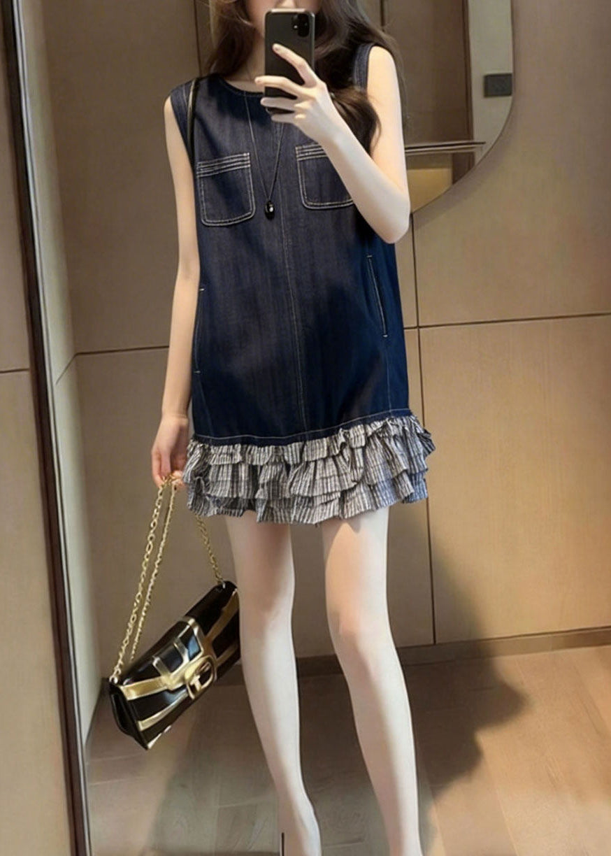 Women Navy Patchwork Denim Tea Dress Sleeveless