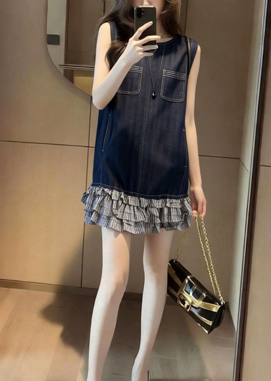 Women Navy Patchwork Denim Tea Dress Sleeveless