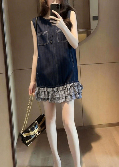 Women Navy Patchwork Denim Tea Dress Sleeveless