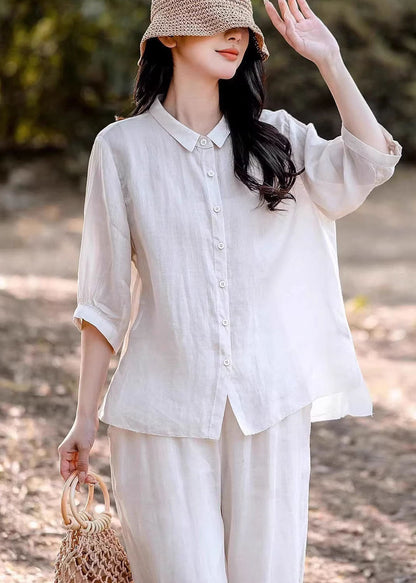 Women Navy Peter Pan Collar Button Linen Blouse Top Summer