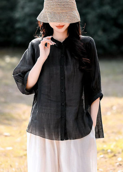 Women Navy Peter Pan Collar Button Linen Blouse Top Summer