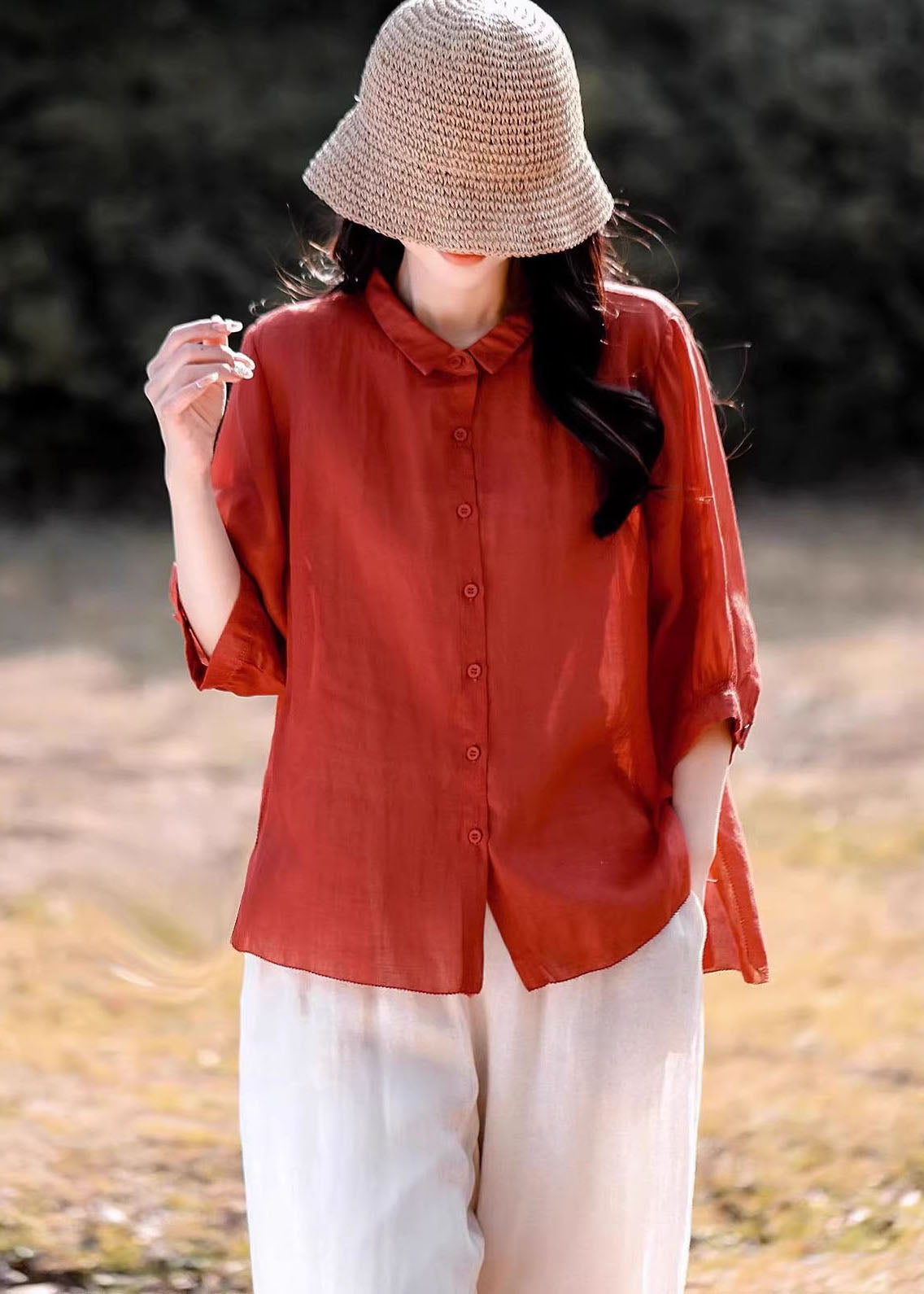 Women Navy Peter Pan Collar Button Linen Blouse Top Summer
