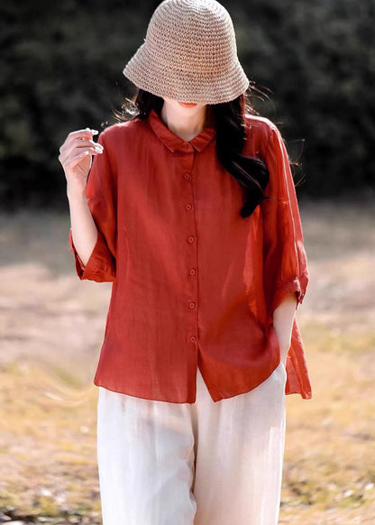 Women Navy Peter Pan Collar Button Linen Blouse Top Summer