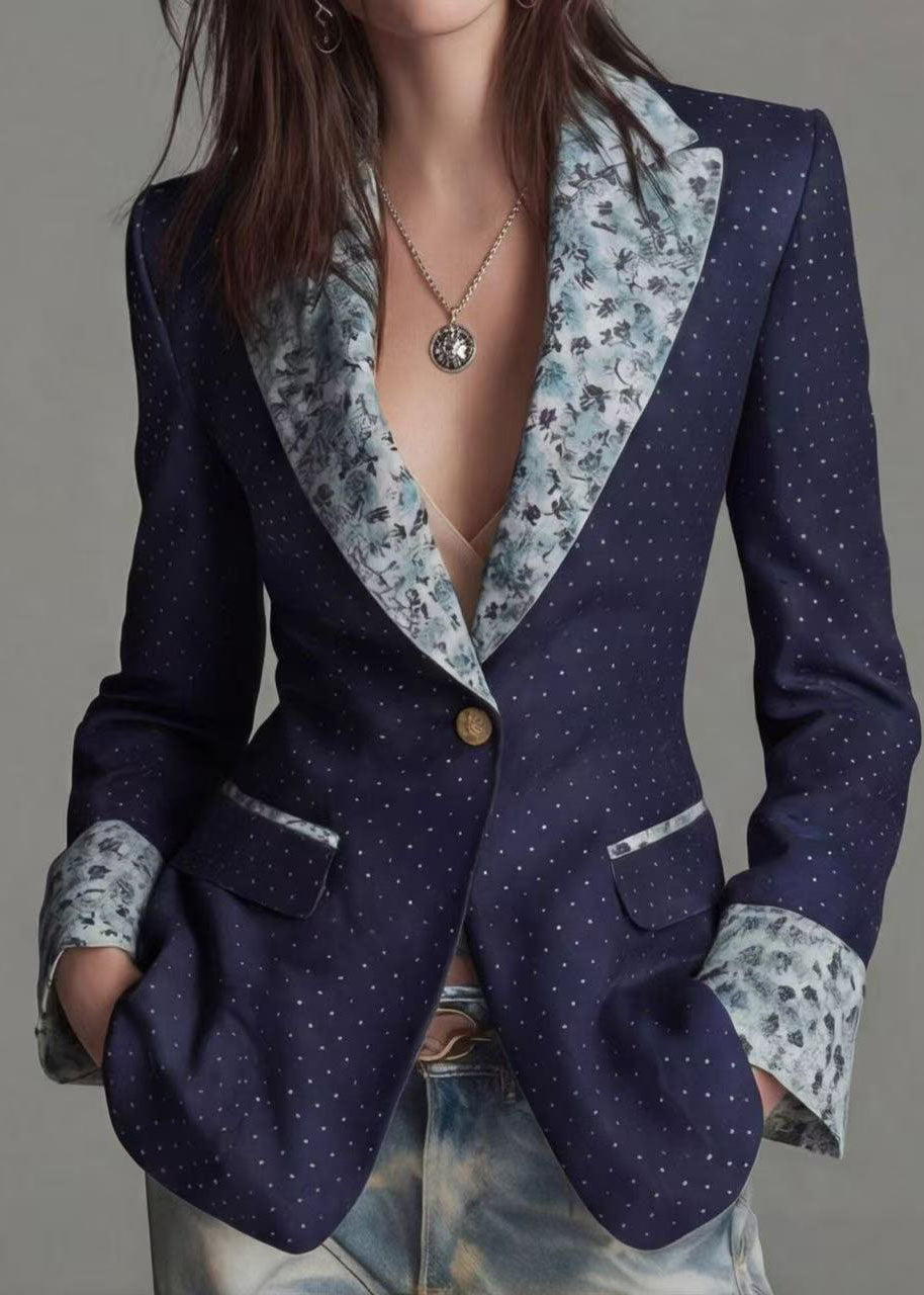 Women Navy Peter Pan Collar Print Patchwork Cotton Blazer Jackets Coat Fall