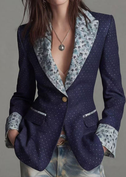 Women Navy Peter Pan Collar Print Patchwork Cotton Blazer Jackets Coat Fall