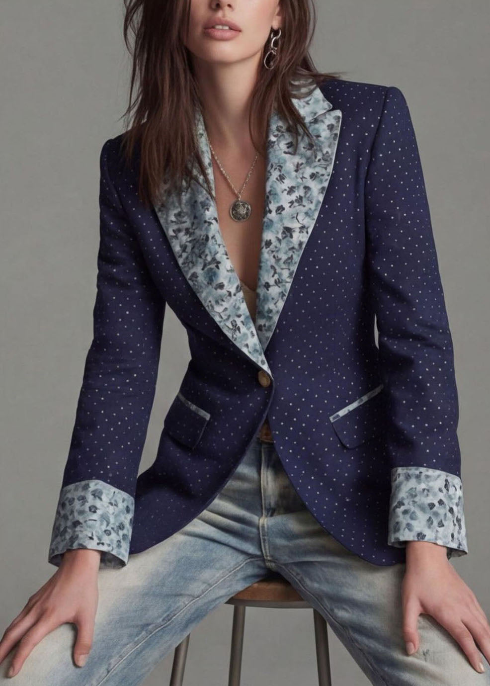 Women Navy Peter Pan Collar Print Patchwork Cotton Blazer Jackets Coat Fall